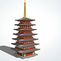 Traditional Red Pagoda with Multi Tiered Structure Golden Spire and Decorative Eaves