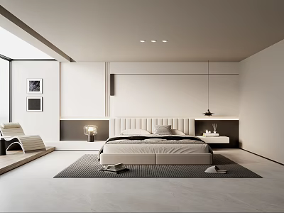Modern Minimalist Bedroom Interior With White Bed Nightstands And Gray Rug 3d model