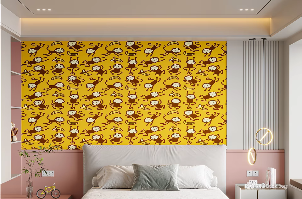 Kids Room Design With Yellow Wallpaper Monkey Patterns Pink Headboard Bed Gray Pillow Small Bicycle 3d model 