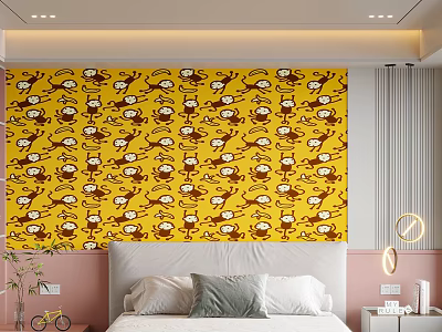 Kids Room Design With Yellow Wallpaper Monkey Patterns Pink Headboard Bed Gray Pillow Small Bicycle 3d model