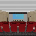 Conference Room Interior With Blue Chairs Large Screen Ceiling Lights And Wooden Accents