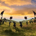 Ancient Battlefield Scene With Soldiers On Horses And Decorative Banners Under Sunset Sky