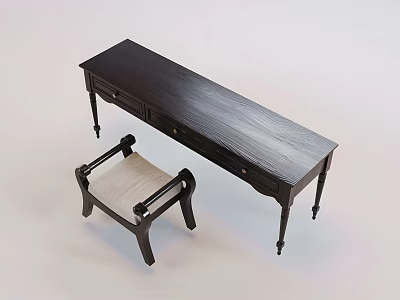Dark Wood Long Writing Table And Chair Set With Drawers And Upholstered Seat 3d model