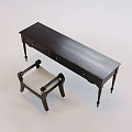 Dark Wood Long Writing Table And Chair Set With Drawers And Upholstered Seat
