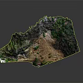 Green Vegetation Covered Mountain Landscape Featuring Cave Structures Stone Steps and Inscriptions
