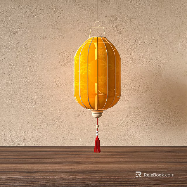 Yellow Traditional Lantern With Red Tassel On Wooden Tabletop Against Beige Wall 3d model 