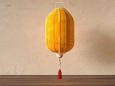 Yellow Traditional Lantern With Red Tassel On Wooden Tabletop Against Beige Wall 3d model