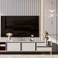 Modern TV Stand with Wall Mounted TV Decorative Items and Striped Backdrop 3d model