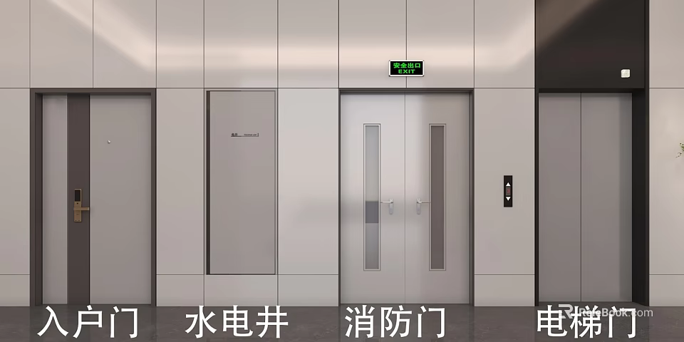 Modern Building Interior With Fire Door Utility Shaft And Elevator Doors 3d model