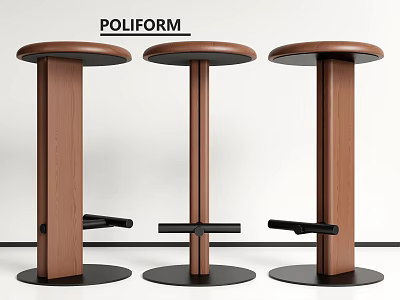 Modern Wooden Bar Stools With Round Seat Black Footrest And Black Base By Poliform 3d model