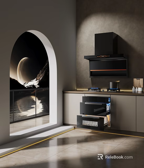 Modern Open Concept Kitchen With Archway Cabinets Range Hood And Wall Art 3d model 