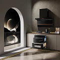 Modern Open Concept Kitchen With Archway Cabinets Range Hood And Wall Art