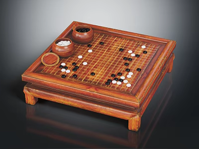 Traditional Wooden Go Board With Grid Pattern Go Stones And Small Bowls 3d model