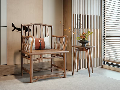 Traditional Wooden Single Chair With Cushion And Side Table In Natural Light Interior 3d model