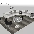 Modern Beige Sofa And Coffee Table Set With Marble Top Black Floor Lamp Gray Rug