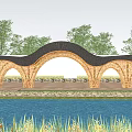 Scenic Garden Landscape Featuring Unique Arch Structure Water Reflection And Green Trees 3d model