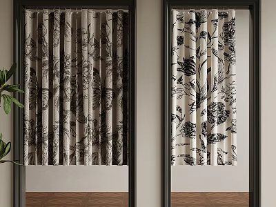 Elegant Floral Pattern Curtains With Black White Designs Hanging On Doors In Room 3d model