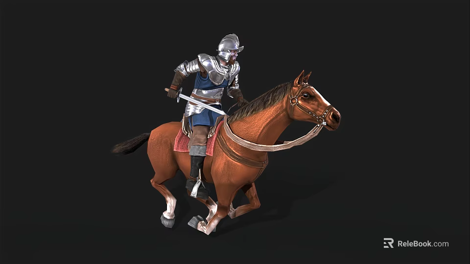 Man Riding Brown Horse Wearing Medieval Armor And Holding Steel Sword 3d model 