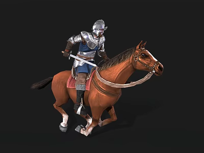 Man Riding Brown Horse Wearing Medieval Armor And Holding Steel Sword 3d model
