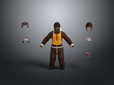 Man In Brown Outfit With Yellow Vest Standing Surrounded By Various Helmets 3d model