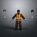 Man In Brown Outfit With Yellow Vest Standing Surrounded By Various Helmets