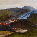 Garden Landscape With Flowing Lava Smoke And Green Mountain Scenery