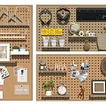 Wooden Pegboard Wall Decor With Headphones Keyboard Cups Photo Frames And Plants