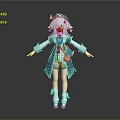 3D Anime Fantasy Character Model With Green Hair Teal Cloak And Decorative Outfit