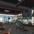 Café Interior With Blue Bar Counter High Stools Exposed Brick Wall Blackboard Menus Wine