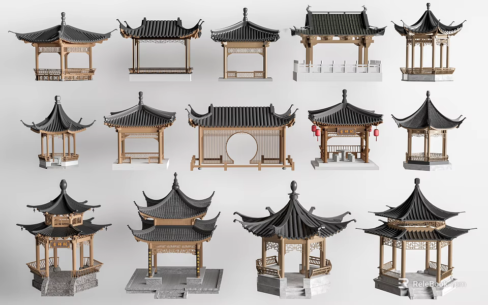 Traditional Chinese Pavilion Models Showcasing Diverse Roof Designs And Wooden Structures 3d model 