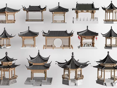 Traditional Chinese Pavilion Models Showcasing Diverse Roof Designs And Wooden Structures 3d model