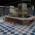 Stylish Bar Interior Design With Central Counter Black Stools Blue Walls And Checkered Floor