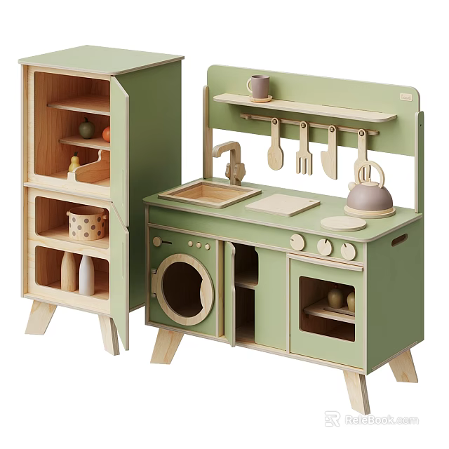 Wooden Building Blocks Kids Play Kitchen Set With Refrigerator Stove Sink And Utensils 3d model 