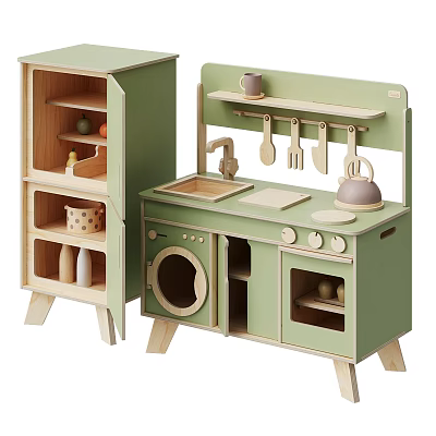 Wooden Building Blocks Kids Play Kitchen Set With Refrigerator Stove Sink And Utensils 3d model