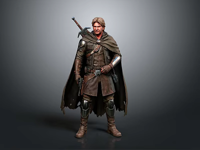 A Male Warrior In Leather Armor With Long Cloak And Metal Arm Guards Holding Axe 3d model