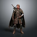 A Male Warrior In Leather Armor With Long Cloak And Metal Arm Guards Holding Axe