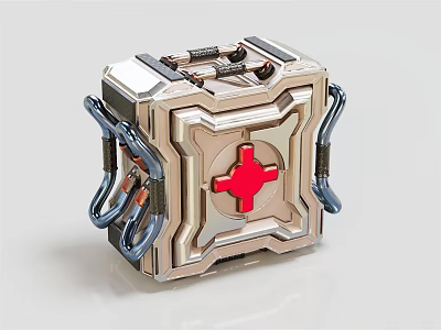 Metallic Emergency Box With Red Cross Symbol And Blue Side Handles Design 3d model