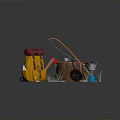 Camping Outdoor Gear Setup With Yellow Backpack Fishing Rod Tree Stump Pot And Lantern