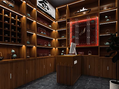 Elegant Chinese Tea Store Interior With Wooden Shelves Warm Lighting And Tea Sets 3d model