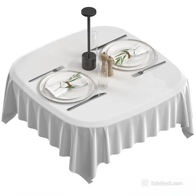 Dining Table Set With White Tablecloth Plates Forks Knives Green Leaves And Salt Pepper Shakers 3d model 