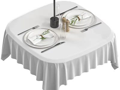 Dining Table Set With White Tablecloth Plates Forks Knives Green Leaves And Salt Pepper Shakers 3d model