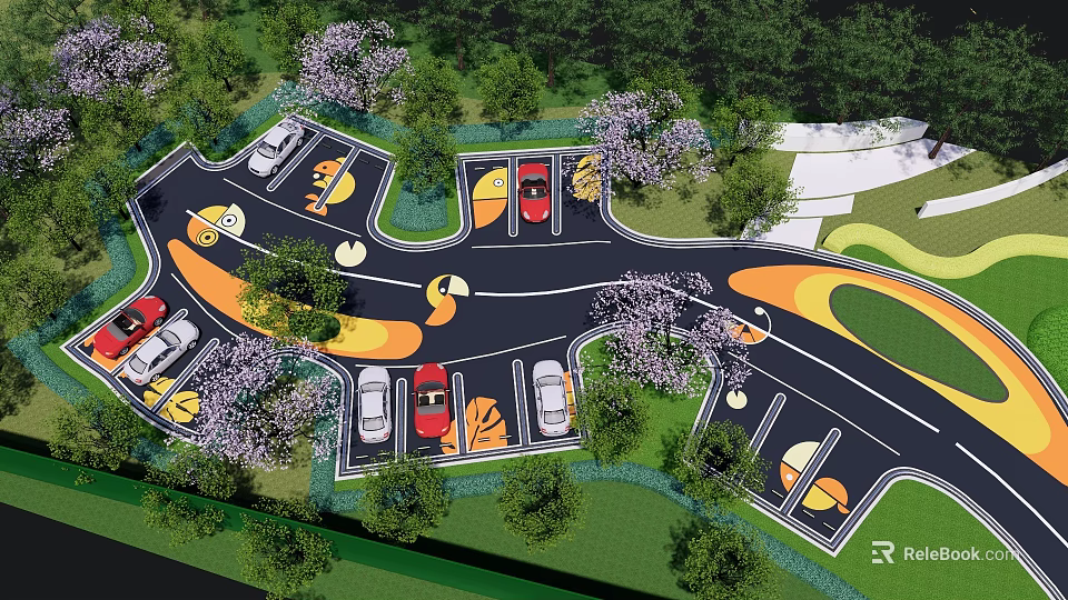 Elegant Garden Landscape Design with Curved Parking Layout Trees and Purple Flowers 3d model 