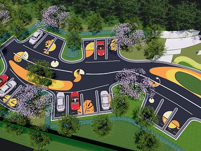 Elegant Garden Landscape Design with Curved Parking Layout Trees and Purple Flowers 3d model