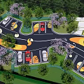 Elegant Garden Landscape Design with Curved Parking Layout Trees and Purple Flowers