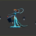 Futuristic Game Movie Character with Orange Hair Black Outfit Blue Glowing Aura Floating Console Dice