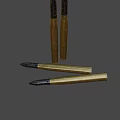 Brass Artillery Shells With Black Warheads And Red Markings On Dark Background