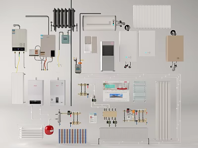 Essential Household Electrical Appliances With Water Heaters Radiators Control Panels Valves And Meters 3d model