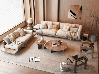 Beige Upholstered Sofa and Wooden Round Coffee Table Set with Throw Pillows Blanket Area Rug 3d model