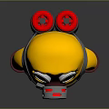 Game Movie Character Cartoon Style In Yellow Suit With Gas Mask Purple Eyes Red Gloves