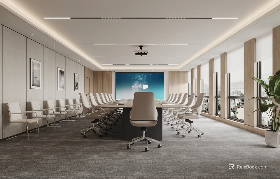 Modern Conference Room Interior Design With Long Table Office Chairs Projection Screen And Lighting 3d model 